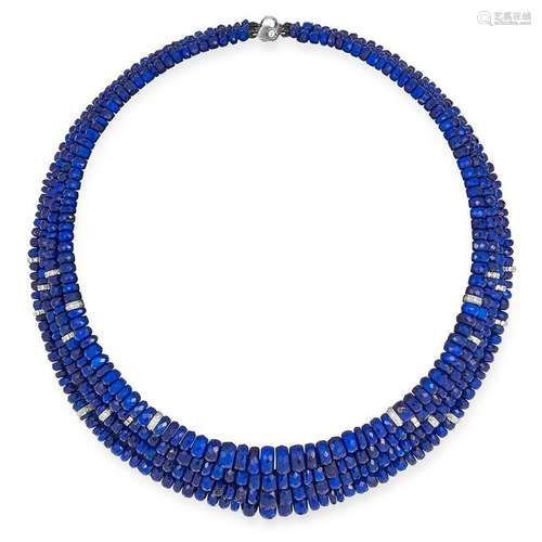 A LAPIS LAZULI AND DIAMOND BEAD NECKLACE set with four