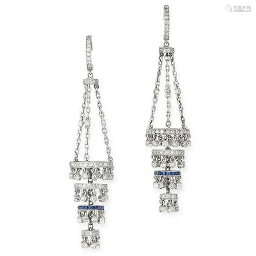 A PAIR OF DIAMOND AND SAPPHIRE CHANDELIER EARRINGS