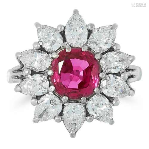 A BURMA NO HEAT RUBY AND DIAMOND CLUSTER RING set with