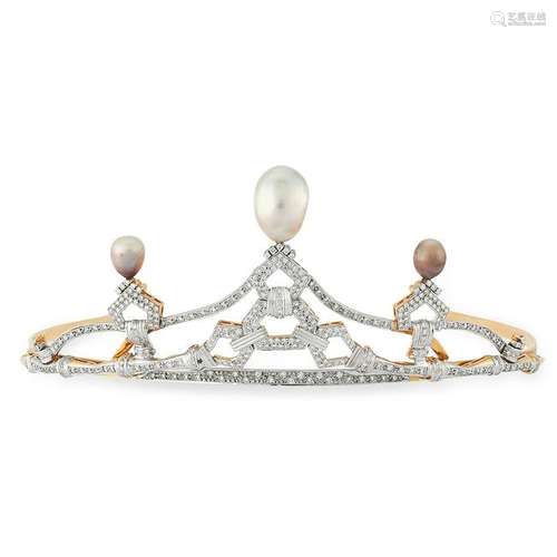 A NATURAL PEARL AND DIAMOND TIARA the geometric frame