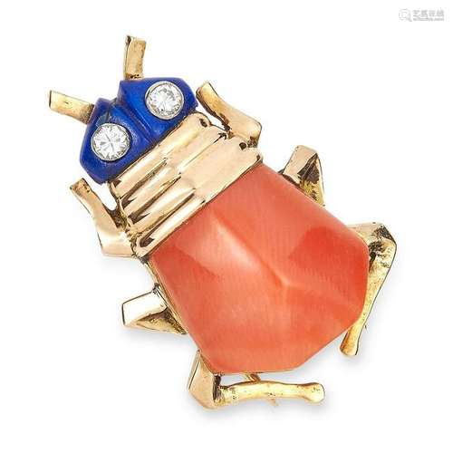 A CORAL, LAPIS LAZULI AND DIAMOND BUG BROOCH, CARTIER,