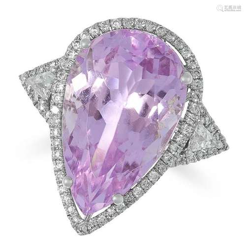 A KUNZITE AND DIAMOND RING set with a pear cut kunzite