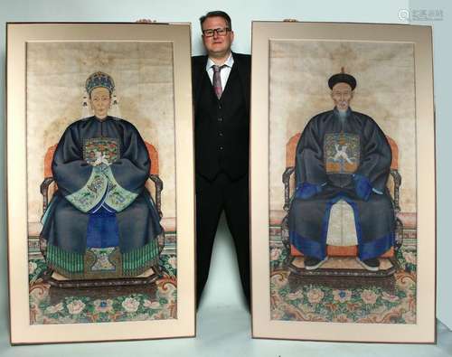 PAIR LARGE ELABORATELY PAINTED ANCESTOR PORTRAITS