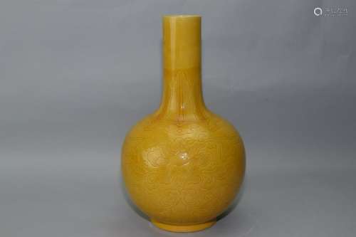 Republic Chinese Yellow Glaze Relief Carved Vase