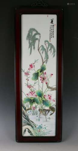 WOODEN FRAMED PORCELAIN GEESE & LILY PLAQUE