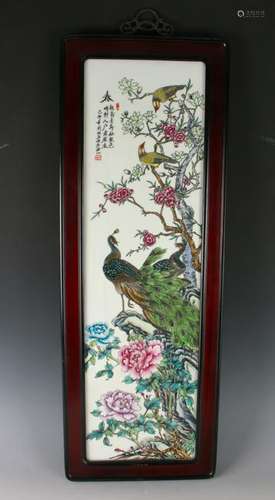 FRAMED PORCELAIN PEACOCK & FLOWER PLAQUE