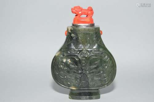 18th C. Chinese Spinach Jade Carved Small Vase