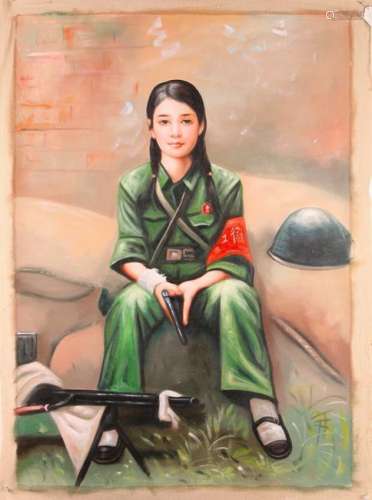 SEATED REVOLUTIONARY GIRL HOLDING GUN ON CANVAS