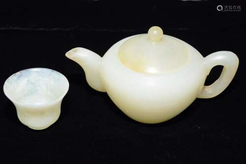Chinese White Jade Carved Teapot and Cup