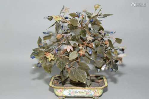 Qing Chinese Enamel over Bronze Pot Jade Tree