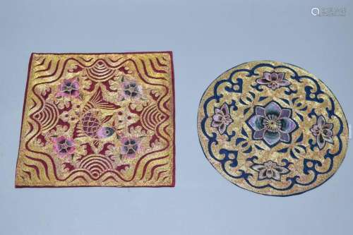 Two Qing Chinese Gold Thread Embroideries