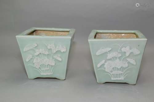 Qing Chinese Pea Glaze Pate-sur-Pate Flower Pots