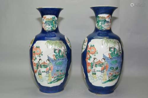 18-19th C. Chinese Cobalt Blue Glaze Famille Rose Vases