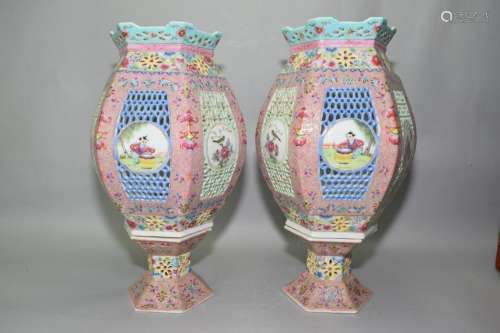 Pair of 20th C. Chinese Famille Rose Hexagonal Lamps