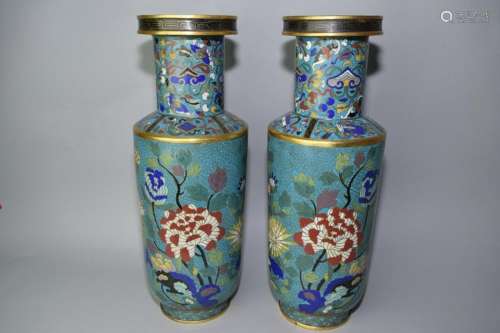 Pair of 18th C. Chinese Cloisonne Flowers Vases