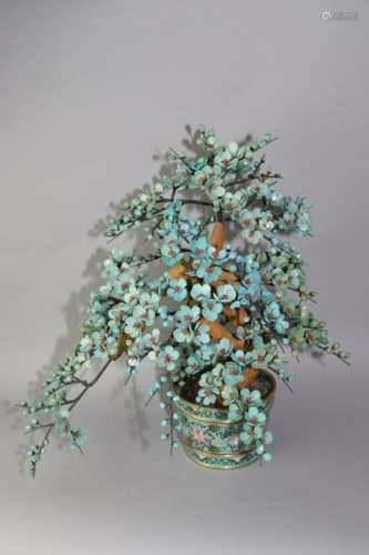 Chinese Turquoise and Coral Tree in Cloisonne Pot