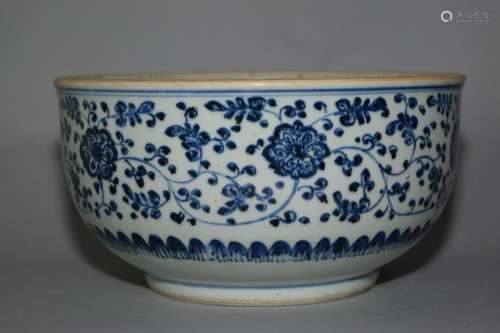 Large 18th C. Chinese Blue and White Lotus Bowl