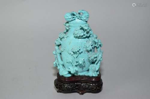 Qing Chinese Turquoise Carved Magpie and Plum Vase