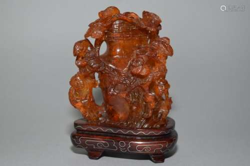 Qing Chinese Amber Carved He He Deities Vase
