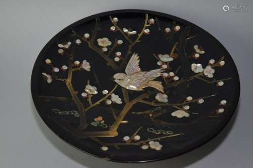 18-19th C. Chinese Black Lacquer Mother-of-Pearl Plate