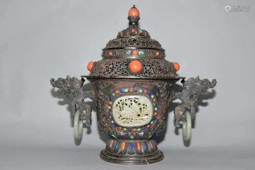 18-19th C. Chinese Silver with Ming Dynasty Jade Censer