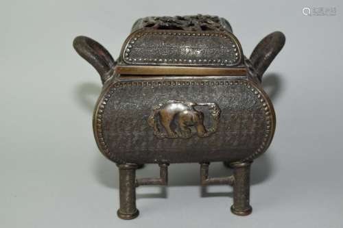 18-19th C. Japanese Bronze Incense Burner, Signed