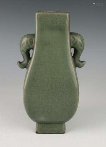 CELADON CRACKLE VASE WITH ELEPHANT HEAD HANDLES