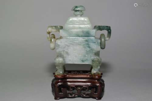 Qing Chinese Jadeite Carved Bronze Style Censer