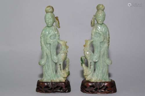 Pair of 19th C. Chinese Jadeite Carved Guanyin