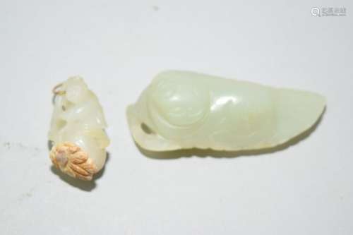 Qing Chinese White Jade Carved Boy and Mao Die