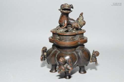 Qing Chinese Bronze Five Lions Incense Burner