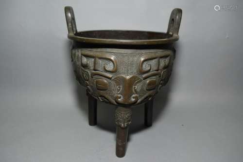 Qing Chinese Bronze Carved Mask Ding Censer