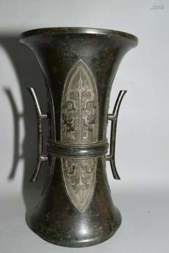Qing Chinese Ji Ear Bronze Carved Gu Vase