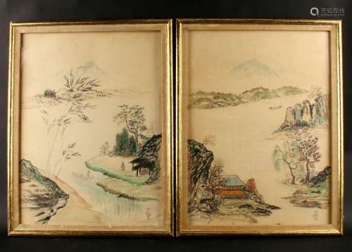 TWO CHINESE VILLAGE SCENE DRAWINGS