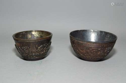 Two 18-19th C. Chinese Coconut Shell Carved Bowls