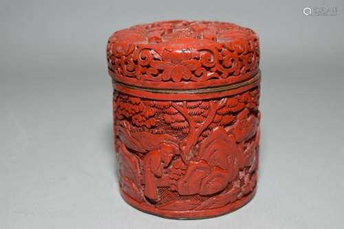 19th C. Chinese Cinnabar Carved Figure Covered Jar