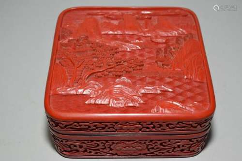 1950-70s Chinese Cinnabar Carved Landscape Box