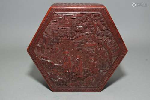 Qing Chinese Cinnabar Carved Hexagonal Box