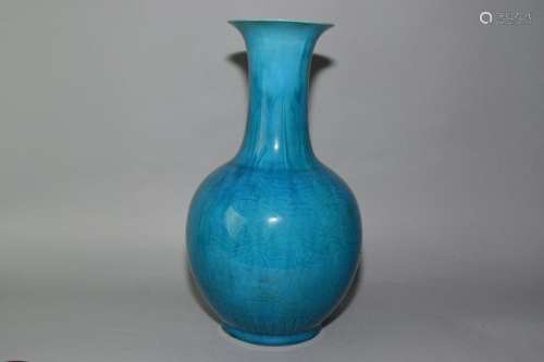 Qing Chinese Peacock Blue Glaze Relief Carved Vase
