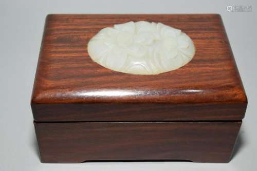 19-20th C. Chinese White Jade Inlay Rosewood Box