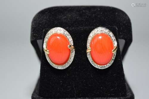 Pair of Natural Red Coral and Diamond Earrings
