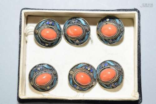 Set of Six Qing Chinese Coral Enamel over Silver