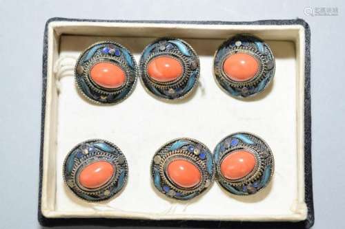 Set of Six Qing Chinese Coral Enamel over Silver