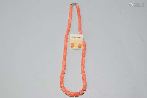 Natural Orange Coral Carved Earring and Necklace