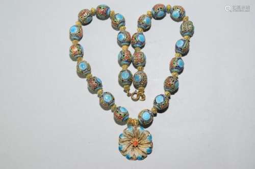 Chinese Enamel over Silver Bead Necklace