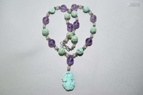 Chinese Turquoise and Purple Tourmaline Carved Necklace