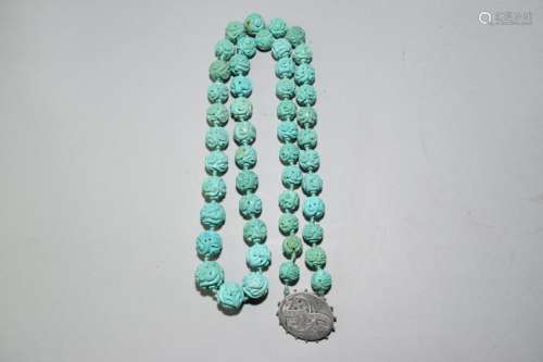 Chinese Natural Turquoise Carved Bead Necklace