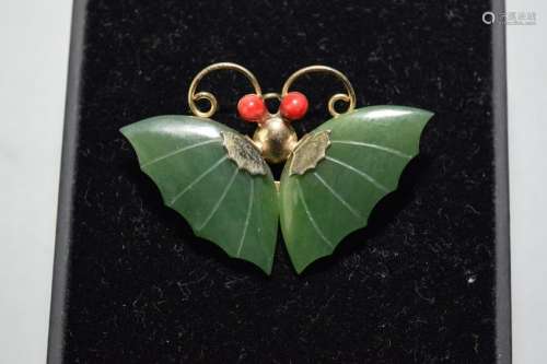 Chinese Spinach Jade and Coral Butterfly Brooch