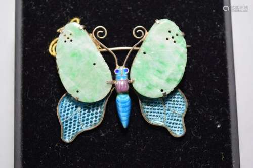 Chinese Enamel over Silver and Jadeite Butterfly Brooch