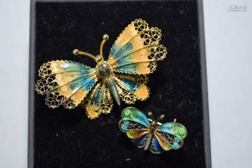 Two Chinese Enamel over Silver Butterfly Brooch